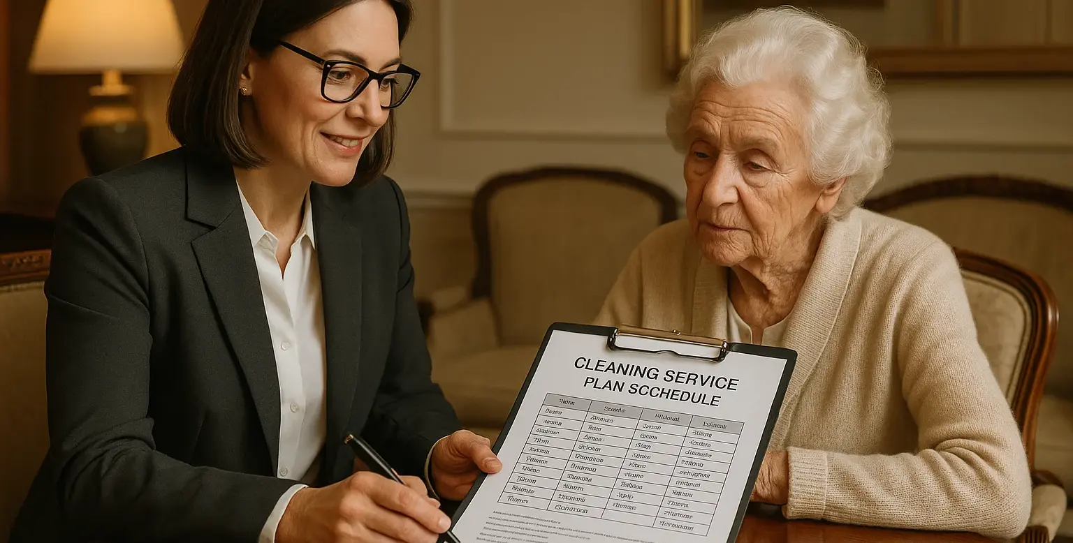 Executive-level personalized cleaning service consultation with senior client reviewing customized cleaning plans in elegant home environment