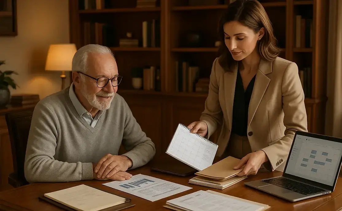 Attractive professional female assistant in elegant business blazer helping senior gentleman organize documents calendars and financial paperwork in sophisticated home office with bookshelves - Executive Life Management Administration services Brentwood Bay BC