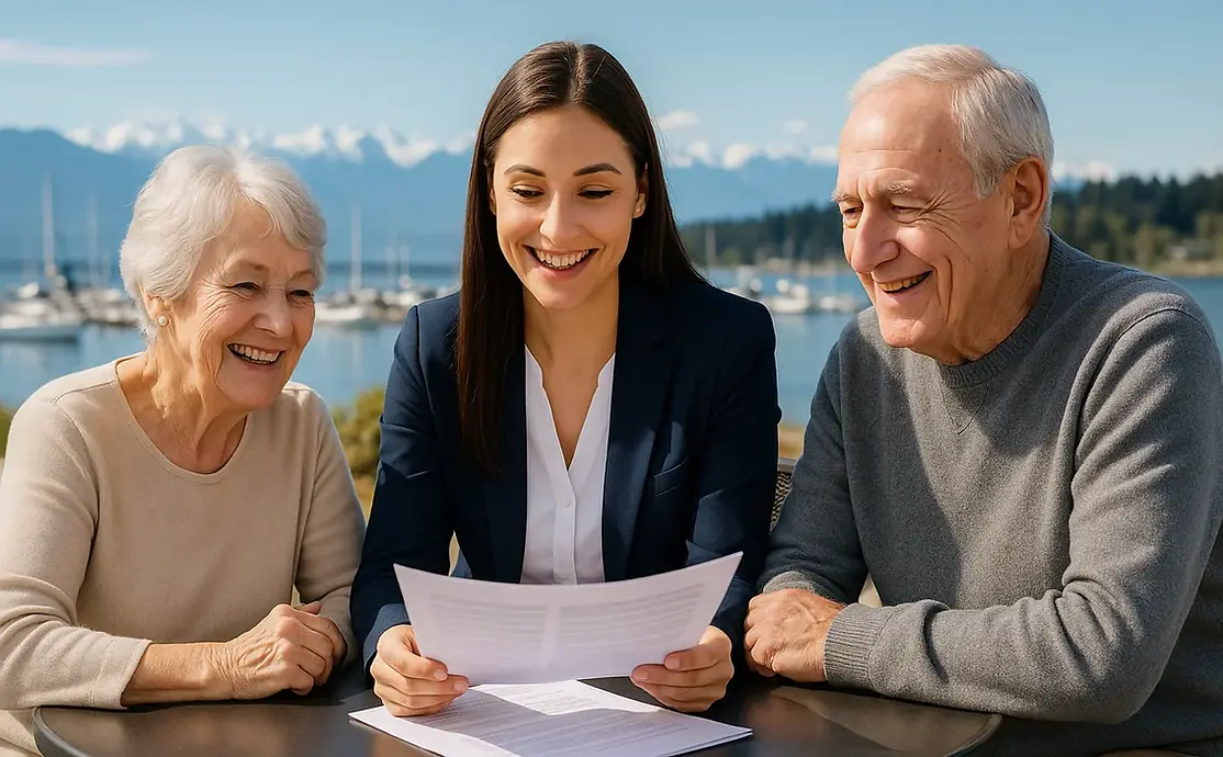 Executive life management services for seniors in Colwood BC with professional care coordinator and senior couple reviewing documents at waterfront