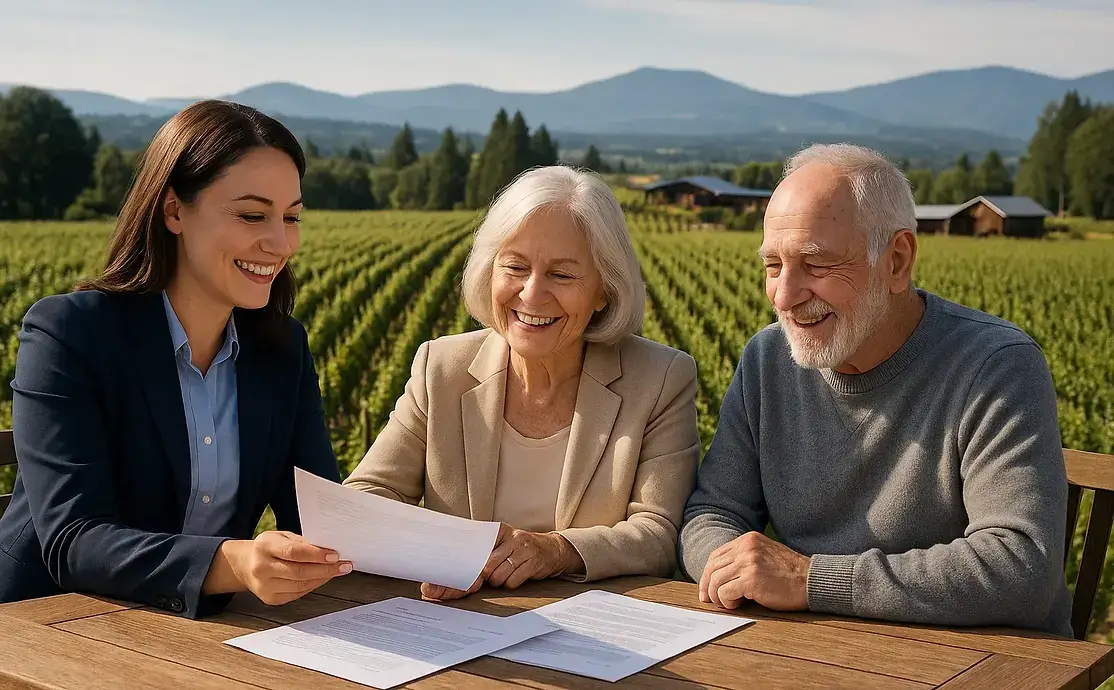 Professional caregiver consulting with senior couple about life management services in Cobble Hill wine country, Executive Home Care