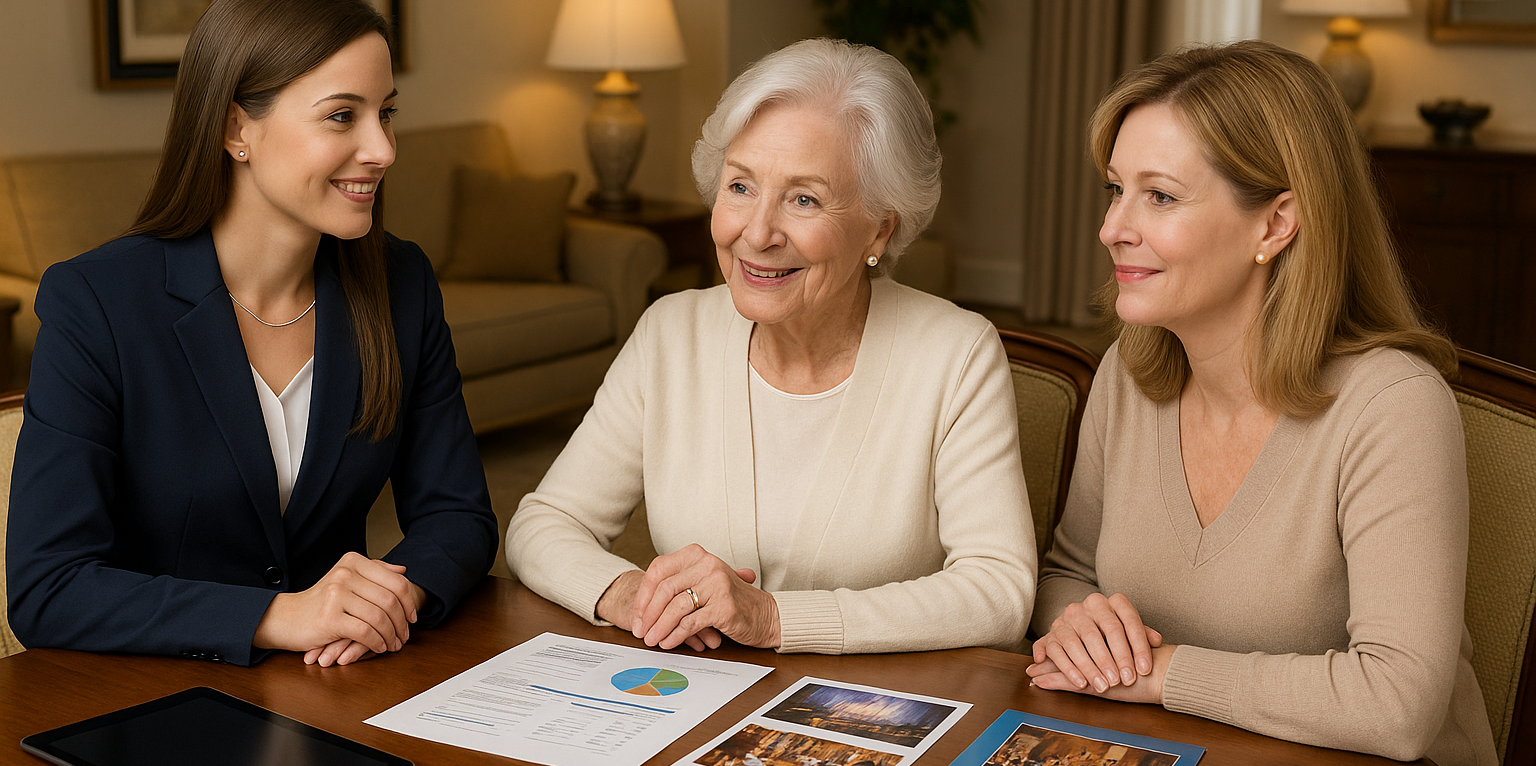 Executive lifestyle coordinator meeting with Caucasian senior client and family for personalized lifestyle planning in Victoria BC