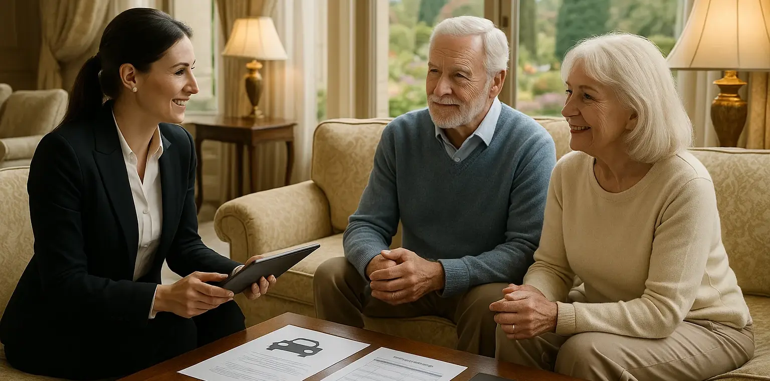 Executive senior transportation consultation Victoria BC - professional caregiver consulting with distinguished elderly couple in luxurious living room with transportation planning materials