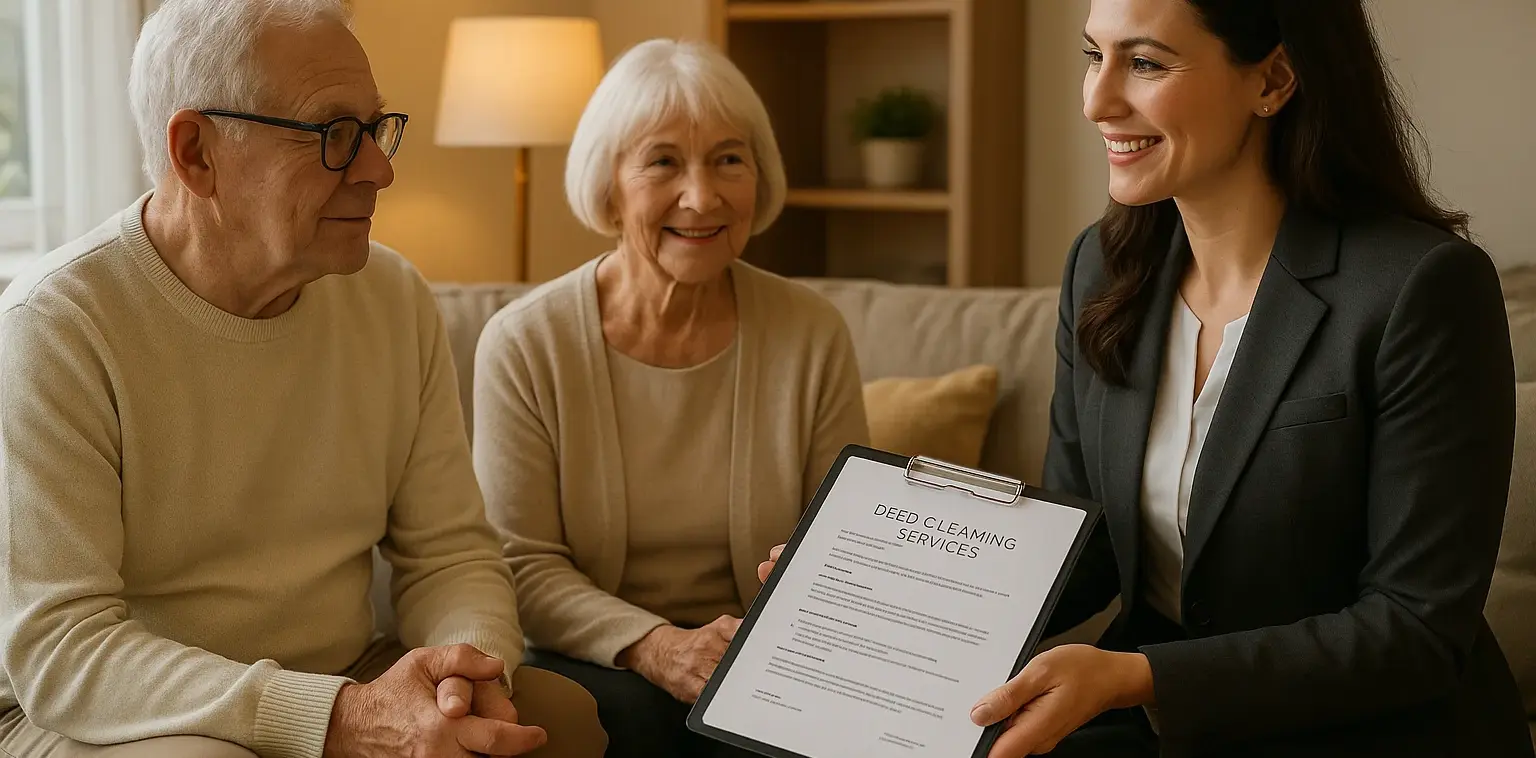 Professional care coordinator consulting with elderly couple about personalized deep cleaning services in comfortable Victoria BC home setting