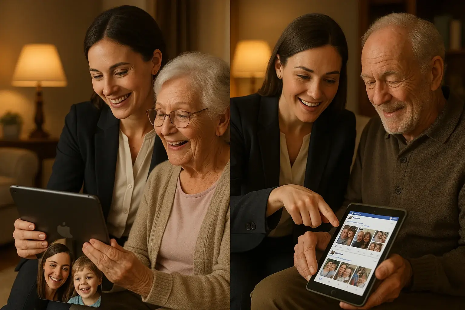 Professional executive home care Victoria BC specialist helping elderly grandmother with FaceTime video call to grandchildren and elderly man with Facebook family photos - premium senior care digital communication support