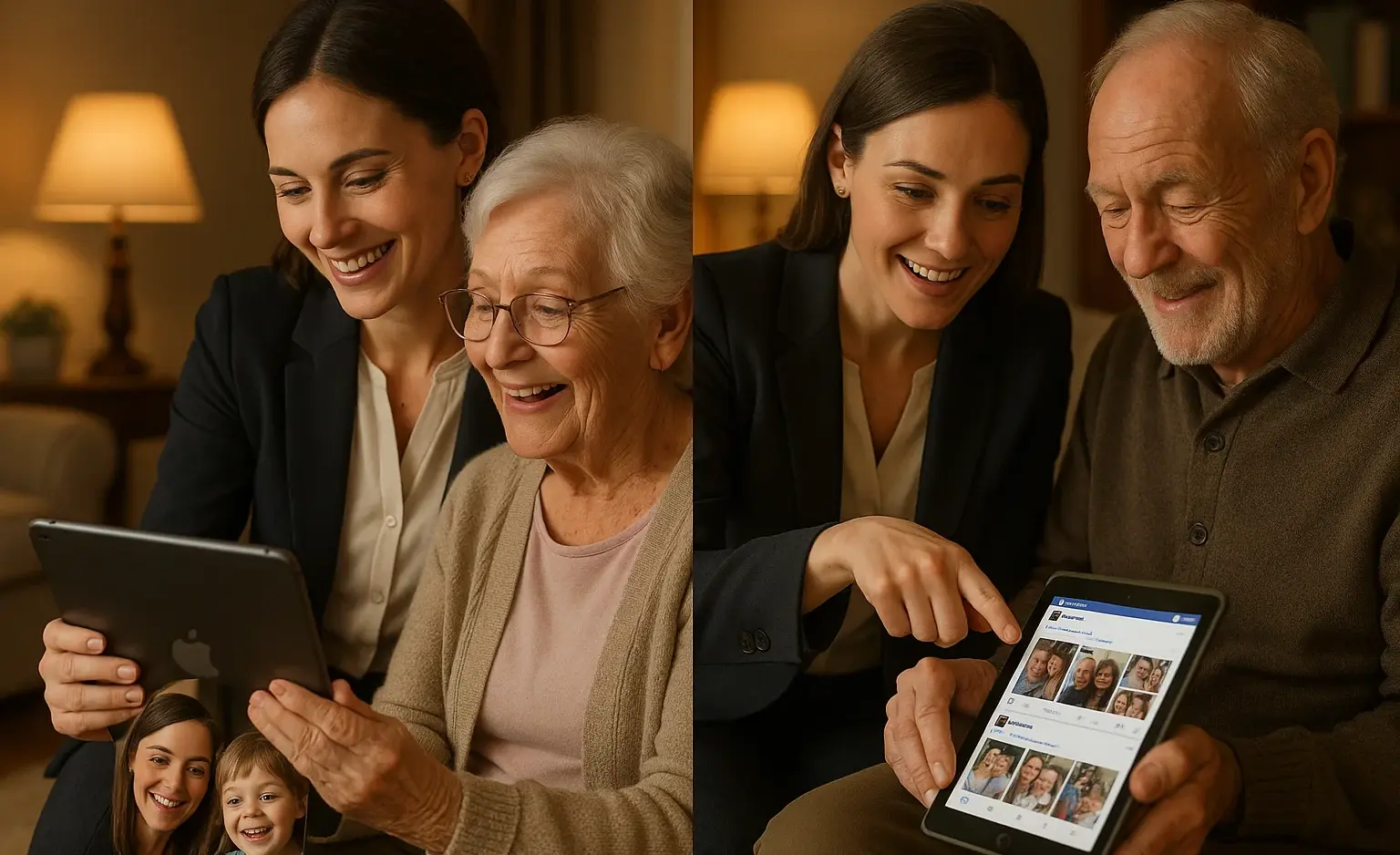 Senior care Victoria BC professional assisting elderly woman with text messaging family group chat and elderly man with Instagram photos - luxury home care digital communication services Victoria