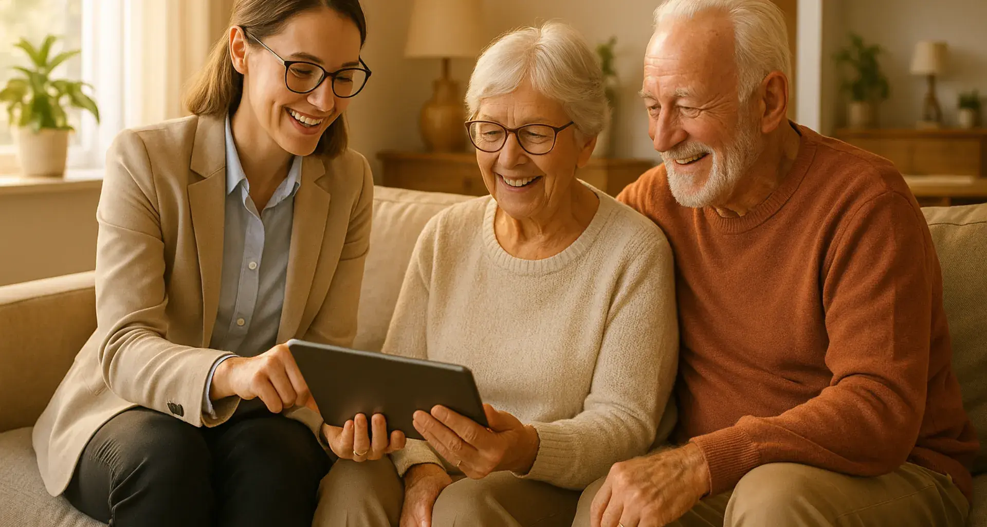 Professional caregiver collaborating with senior couple on tablet for 24-hour care coordination providing family peace of mind in Victoria BC