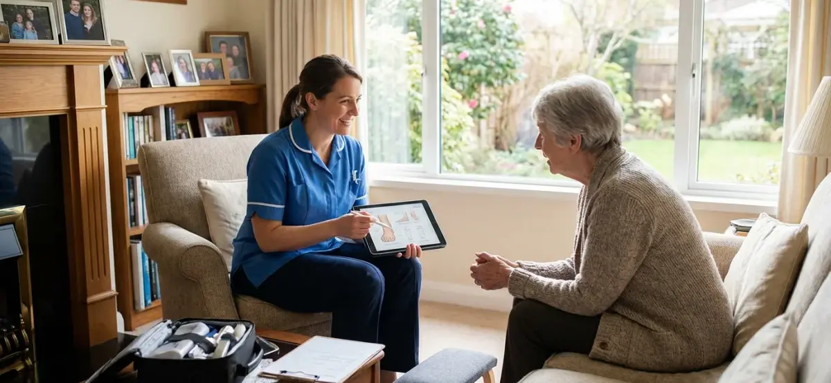 Professional female podiatrist in blue scrubs uses a tablet to show an anatomical diagram of a foot to an elderly female client during a home consultation in a well-lit living room in Victoria BC.