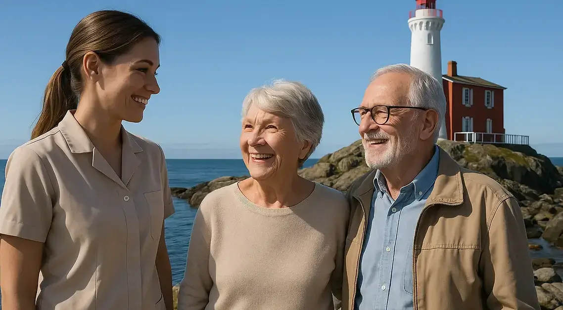 Seniors exploring Fort Rodd Hill and Fisgard Lighthouse National Historic Site in Colwood BC with caregiver