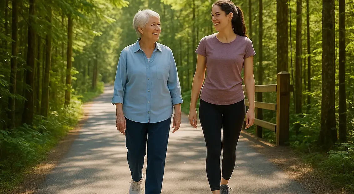 Senior woman and caregiver walking together on Galloping Goose Trail through forest in Colwood BC