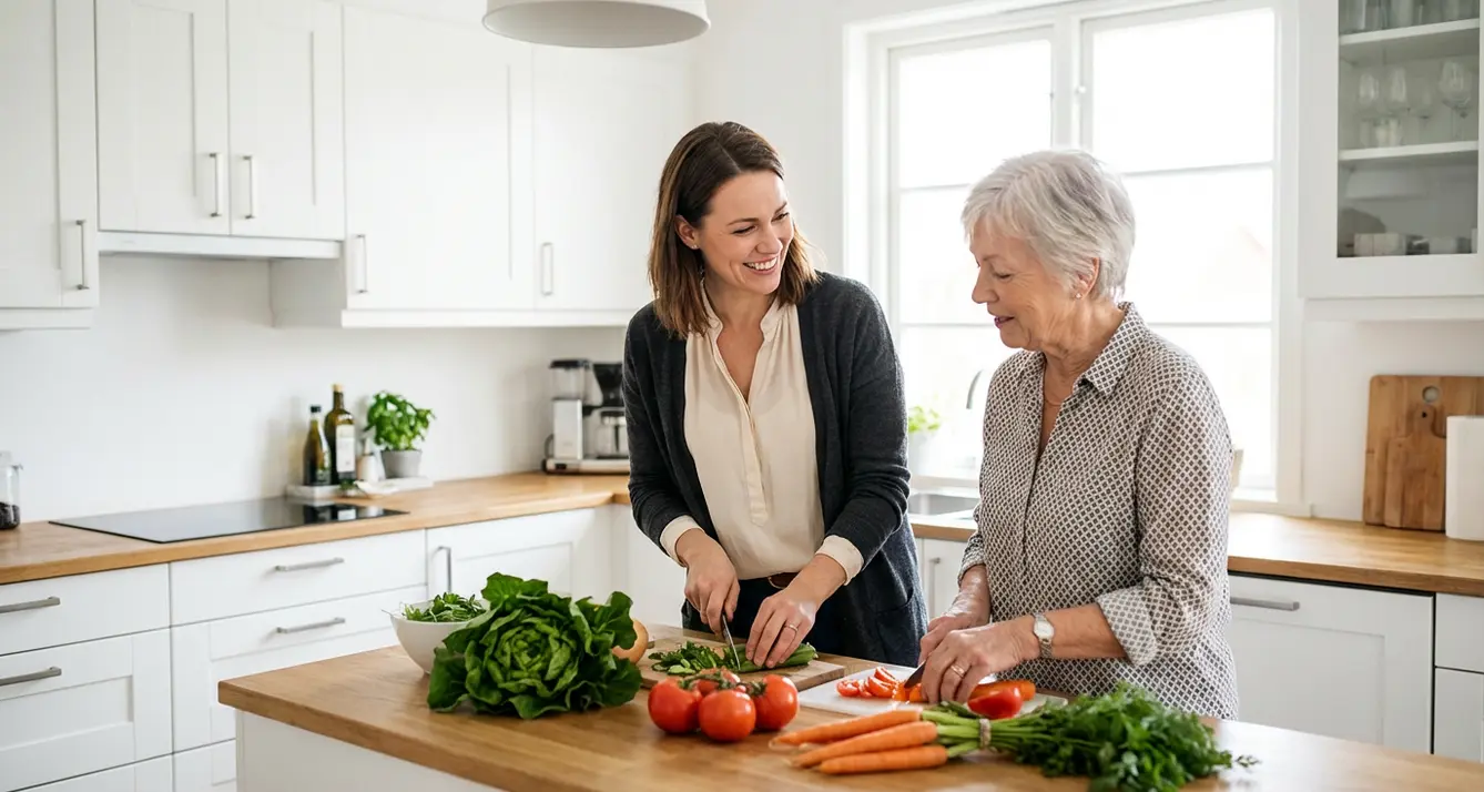 Respite care meal preparation Victoria BC - professional caregiver preparing healthy lunch with senior woman