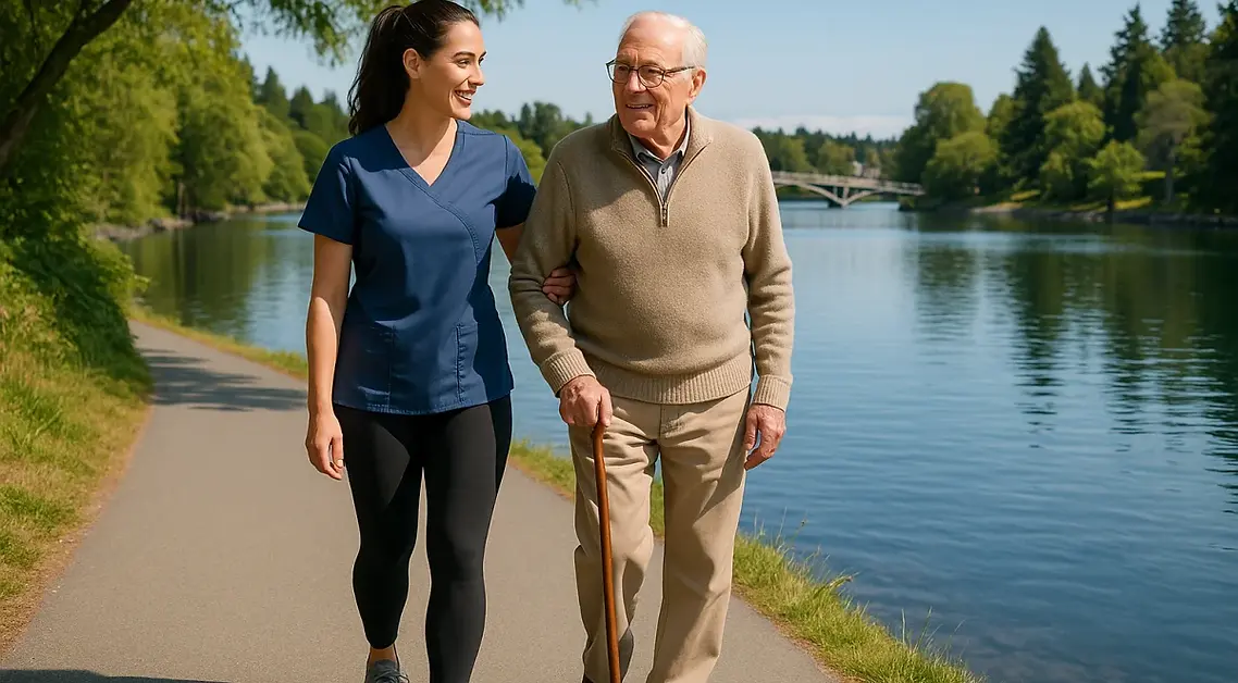 Gorge Waterway walking trails and senior exercise in Esquimalt BC - professional caregiver supporting senior gentleman on scenic paved pathway along calm waters