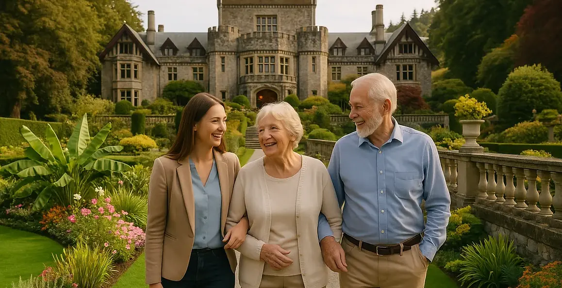 Seniors exploring Fort Rodd Hill and Fisgard Lighthouse National Historic Site in Colwood BC with caregiver