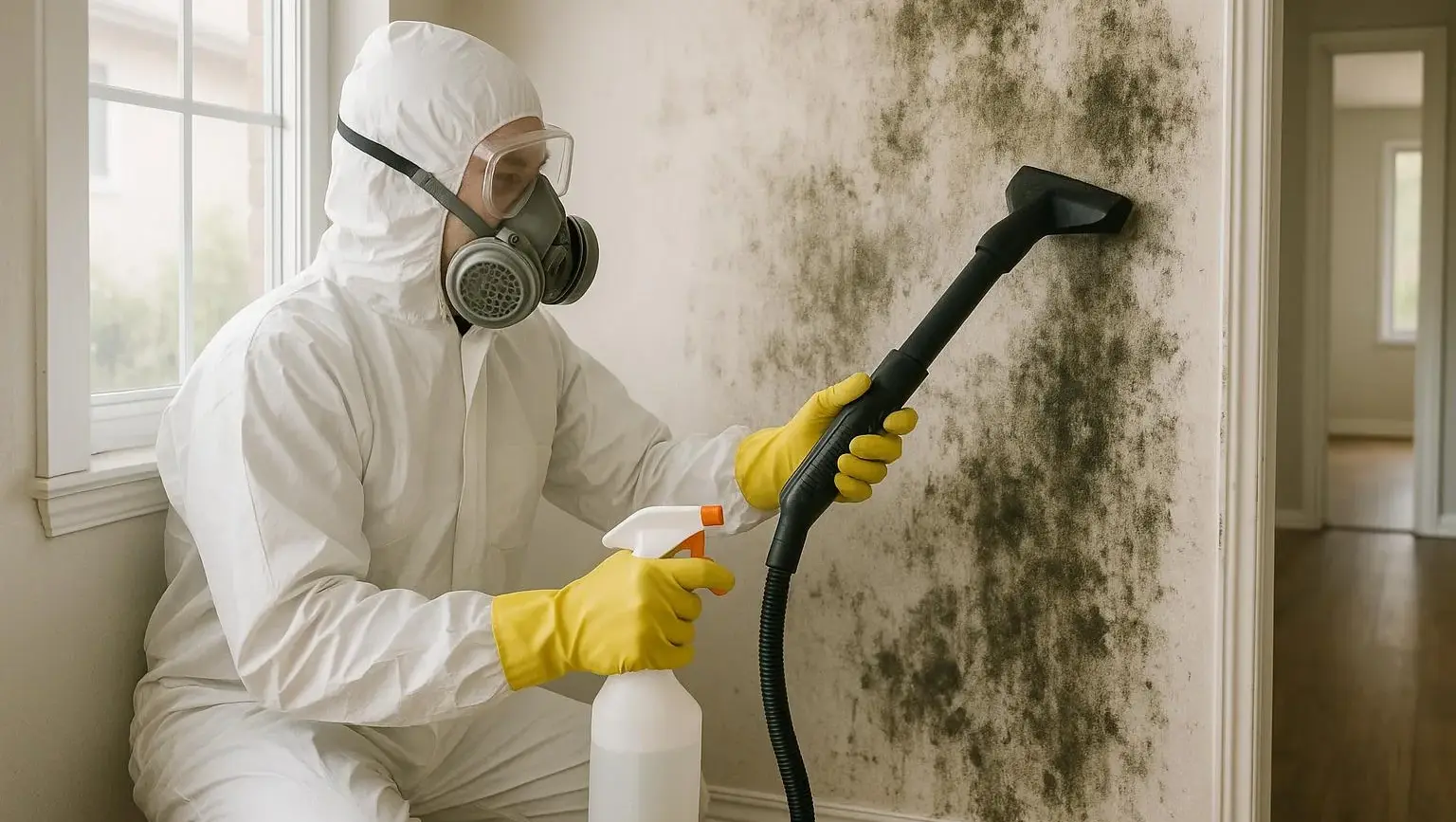 Environmental restoration specialist in hazmat suit safely cleaning mold contamination from walls in senior home