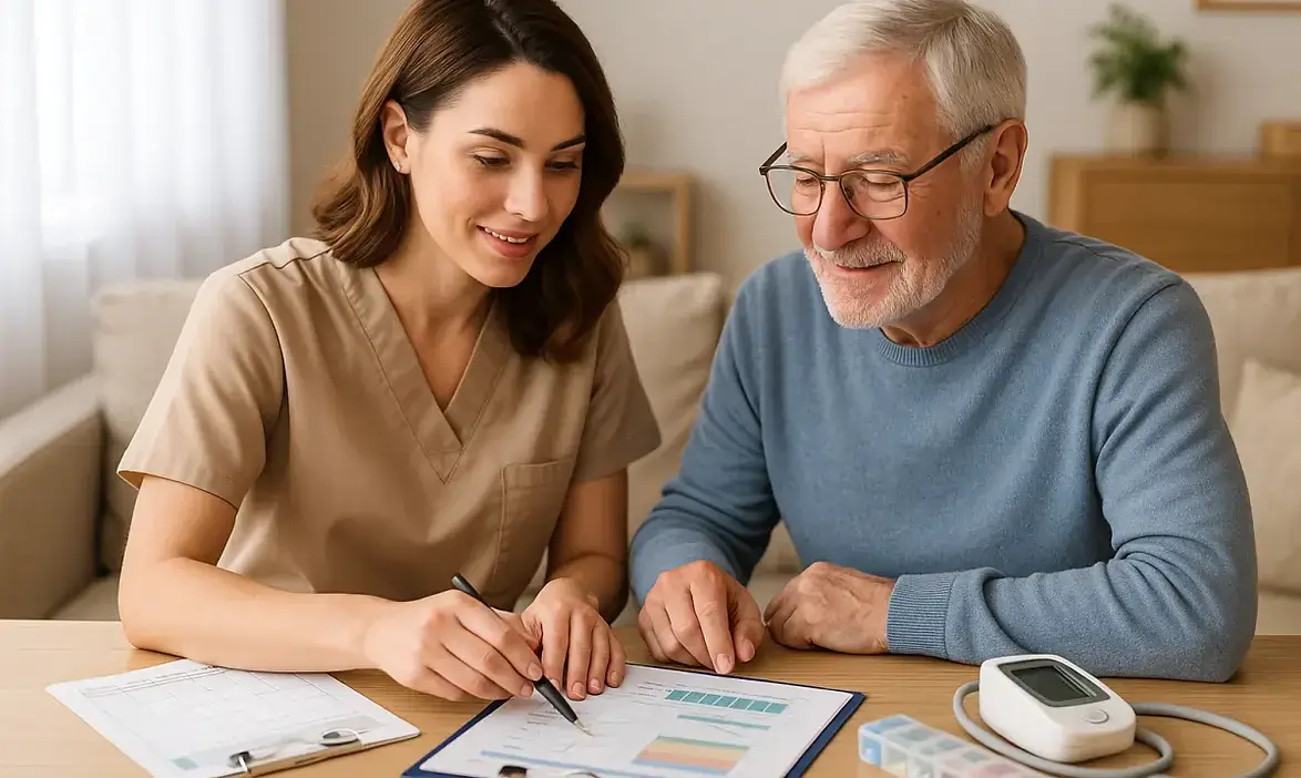 Beautiful professional healthcare coordinator in medical uniform reviewing wellness charts medication schedules and health monitoring with happy senior man in bright comfortable home setting - Health Wellness Coordination Brentwood Bay BC
