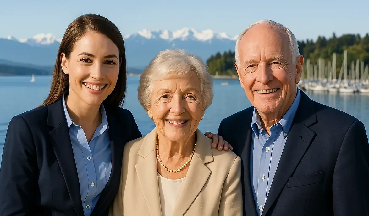 Health and wellness coordination services for seniors in Colwood BC with caregiver and senior couple at Esquimalt Lagoon