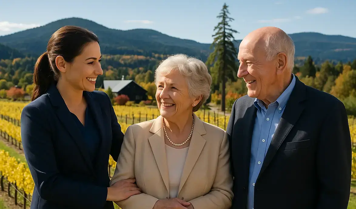 Health and wellness coordinator with senior couple in Cobble Hill countryside, Cowichan Valley home care services