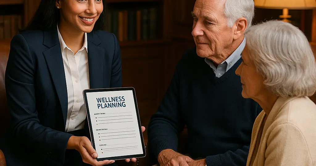 Health and wellness coordination meeting with professional coordinator and clients discussing comprehensive wellness plans