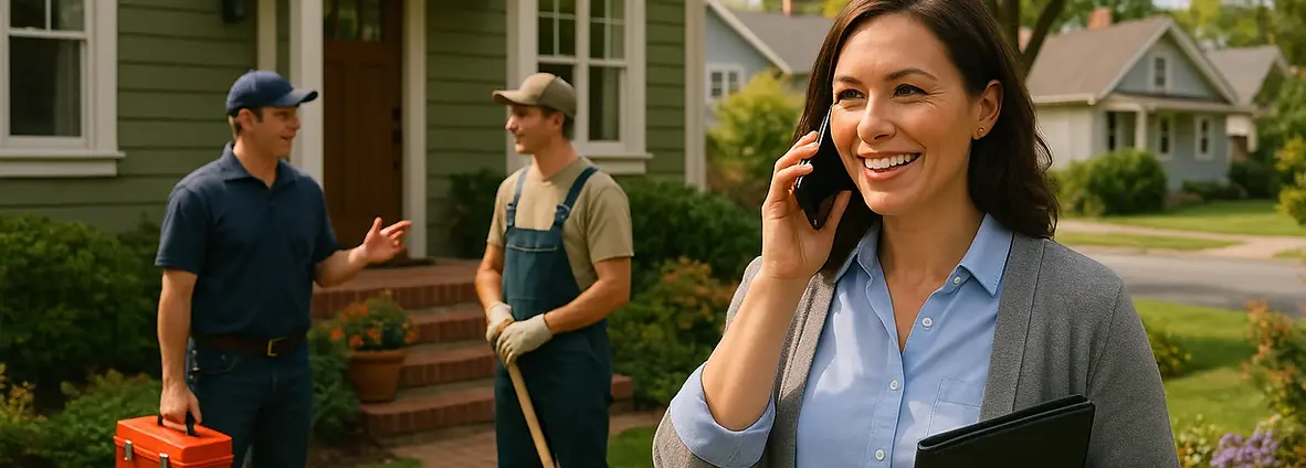 Home and property services Victoria BC - professional caregiver coordinating home maintenance in friendly residential neighborhood setting