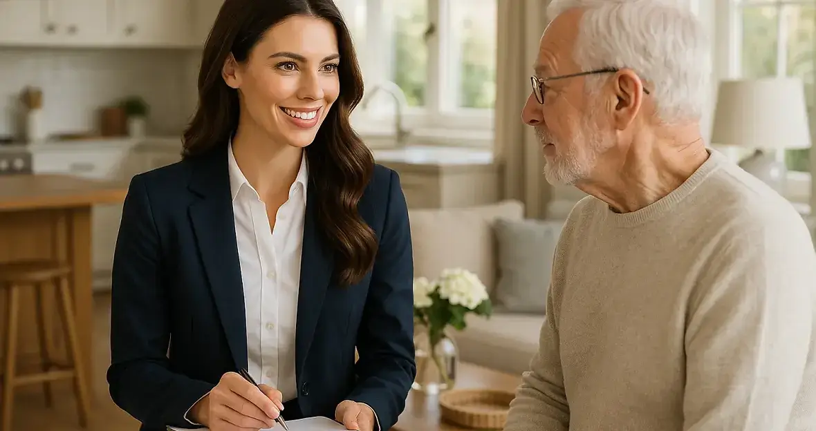 Exceptionally attractive professional female service coordinator in crisp white shirt and tailored navy blazer discussing premium home care services with distinguished senior gentleman in elegant modern kitchen with natural lighting and organized home accessories - Home Property Services Brentwood Bay BC