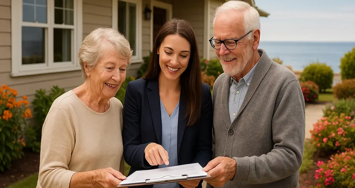Home and property management services for seniors in Colwood BC with caregiver assisting senior couple at their coastal home