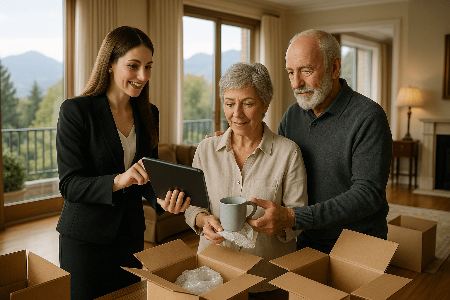 Professional home transition and downsizing services Victoria BC - Executive assistant helping senior couple with mountain views and moving coordination