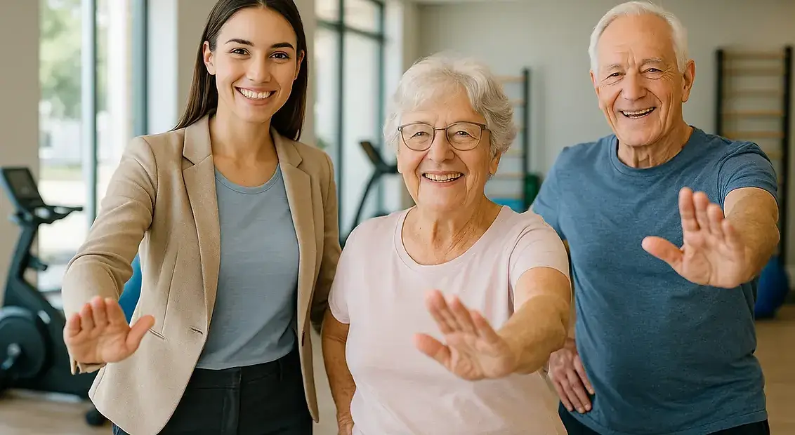 Active seniors participating in fitness program at Juan de Fuca Recreation Centre in Colwood BC with caregiver