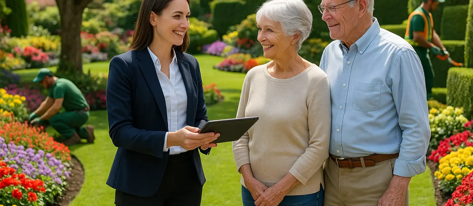 Landscape coordinator explaining garden maintenance services to elderly couple while professional landscapers work in Victoria BC garden