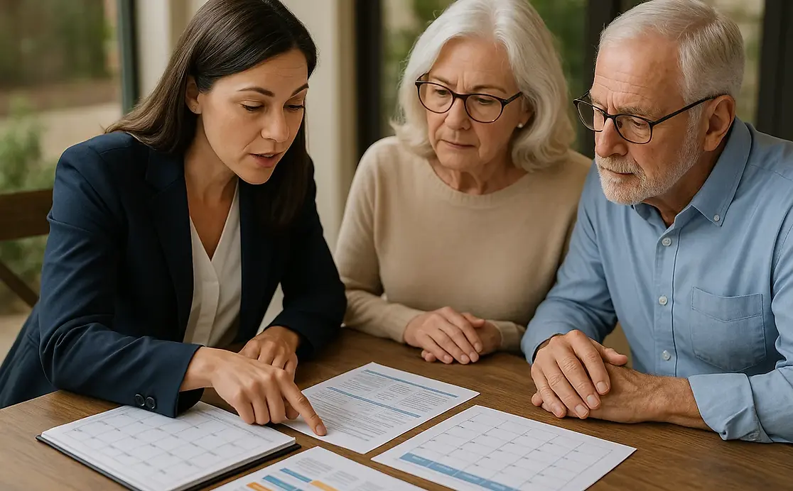 Professional care coordinator reviewing executive life management documents and calendars with senior couple in Langford BC