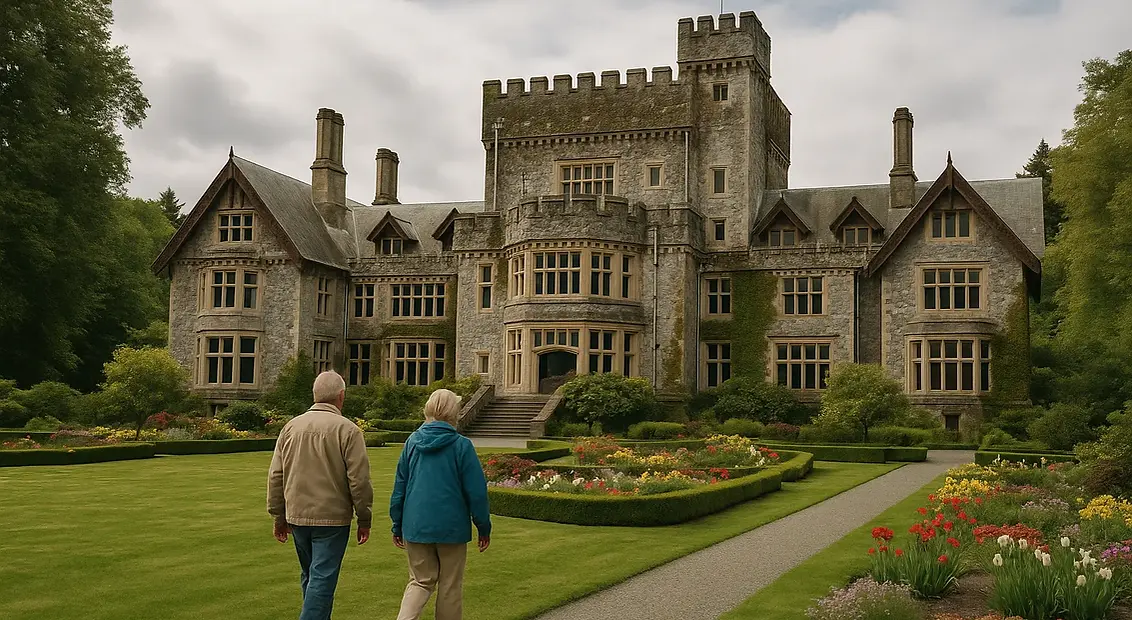 Senior couple strolling through formal gardens at historic Hatley Castle near Langford BC