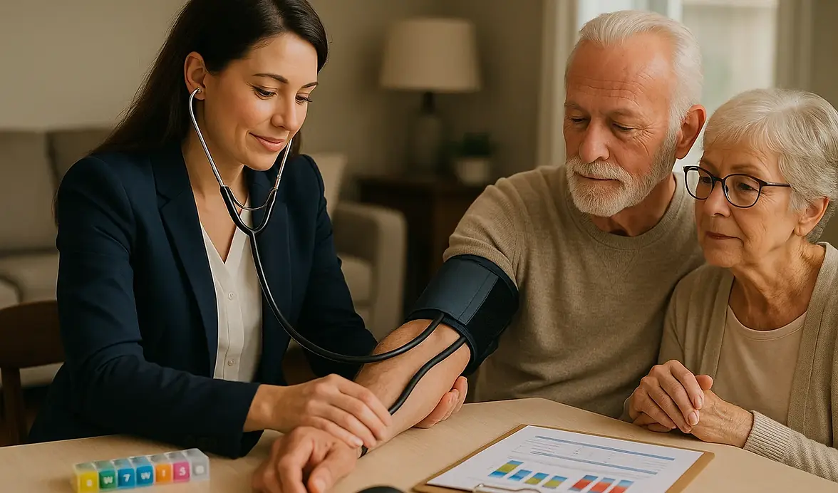 Healthcare coordinator taking blood pressure and providing health assessment with medical equipment for seniors in Langford BC
