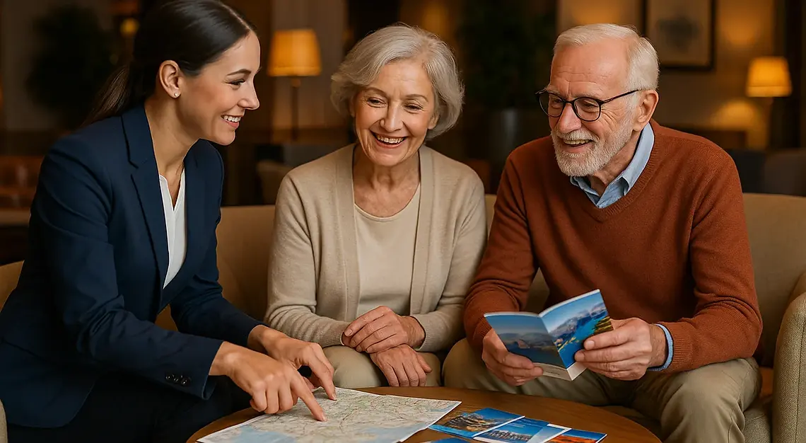 Concierge coordinator planning travel and lifestyle experiences with travel brochures for senior couple in Langford BC