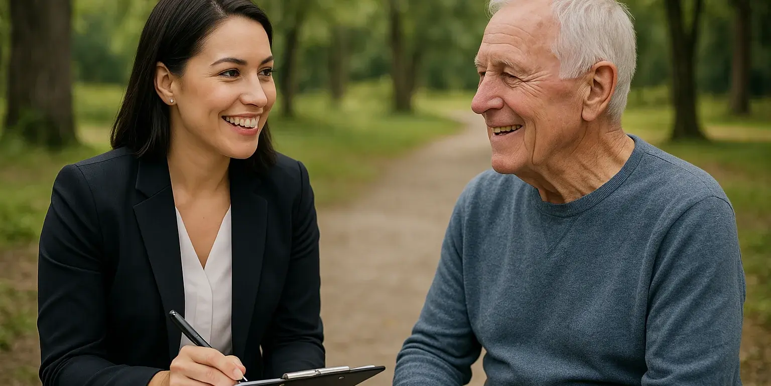 A professional Executive Home Care coordinator discussing personalized senior care options with a client in a serene Langford park setting.