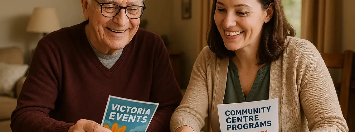 Lifestyle and concierge services Victoria BC - friendly caregiver helping senior plan community activities and local dining in cozy home setting