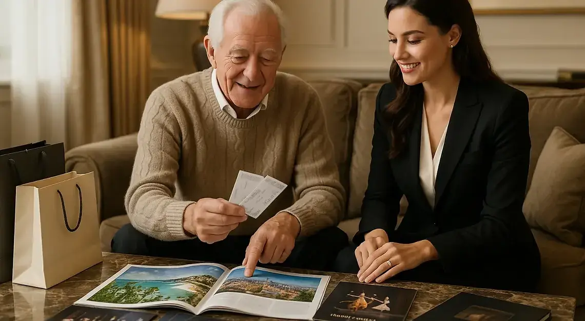 Exceptionally attractive professional female service coordinator in crisp white shirt and tailored navy blazer discussing premium home care services with distinguished senior gentleman in elegant modern kitchen with natural lighting and organized home accessories - Home Property Services Brentwood Bay BC