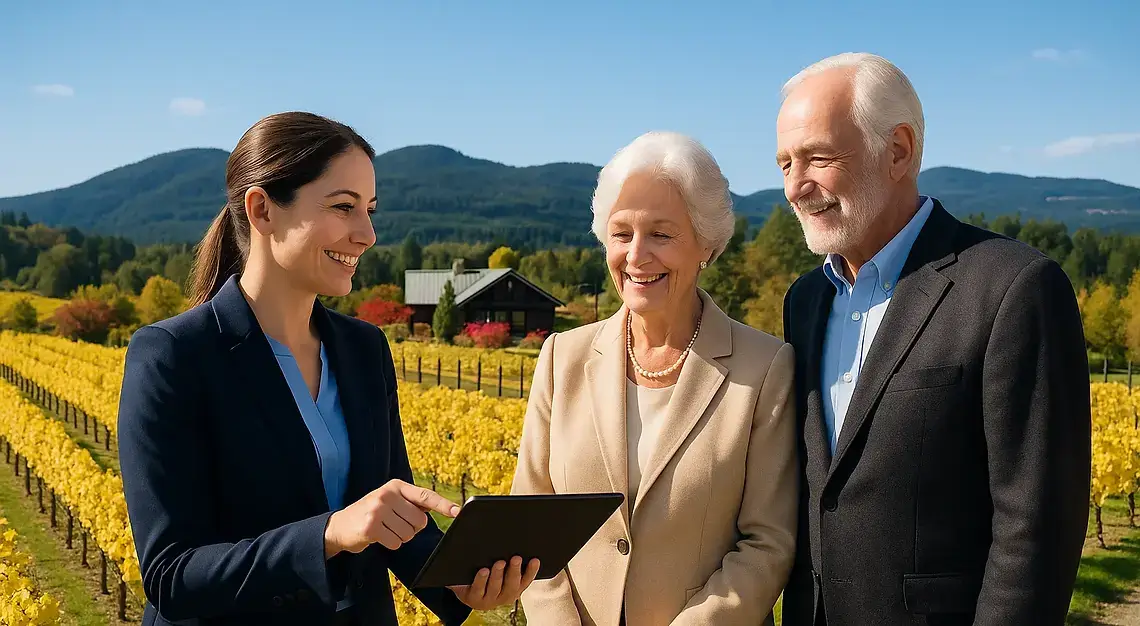 Lifestyle and concierge services coordinator with senior couple in Cobble Hill vineyard, personalized senior care