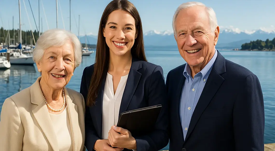 Home and property management services for seniors in Colwood BC with caregiver assisting senior couple at their coastal home