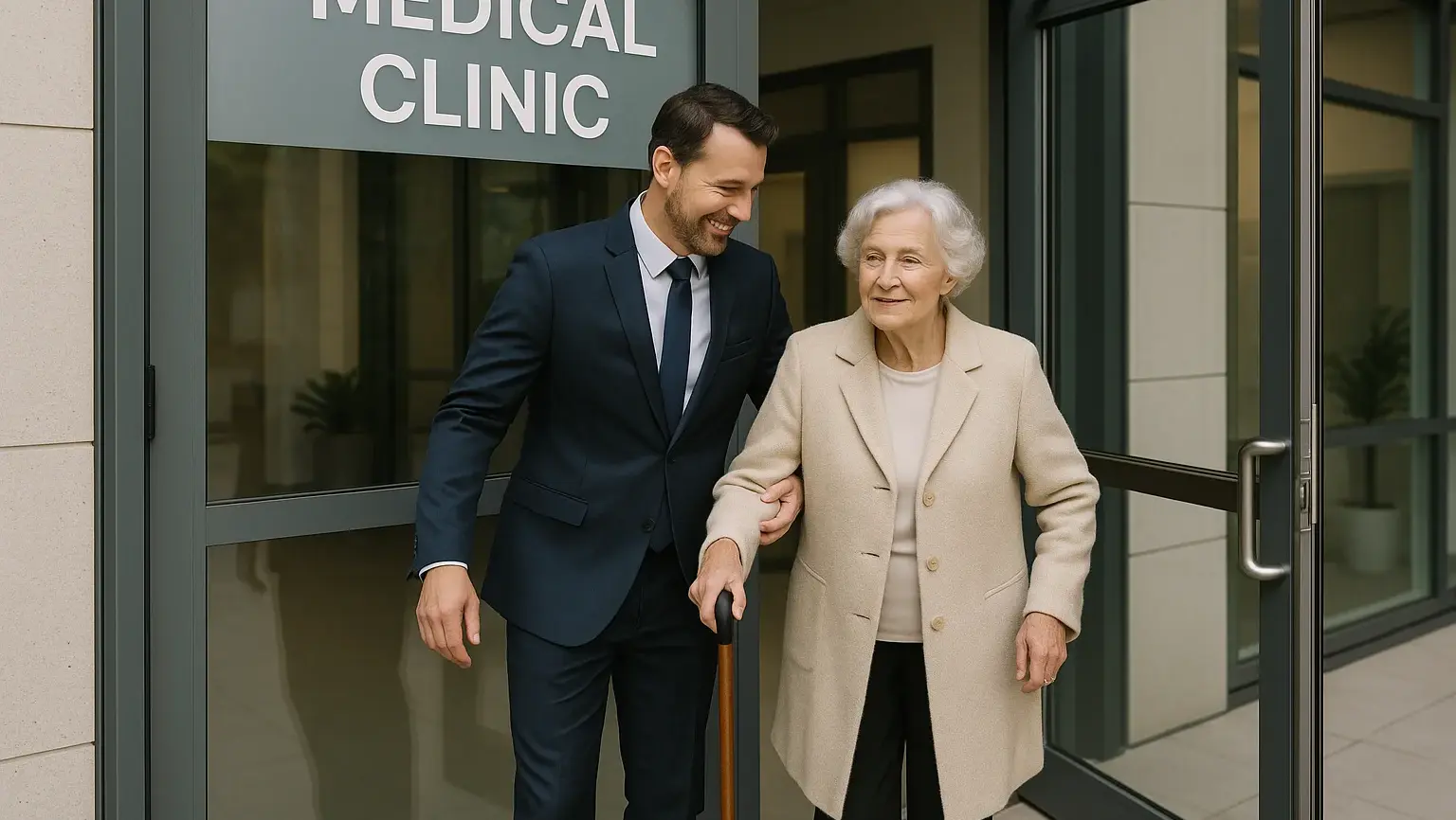 Medical appointment transportation elderly Victoria BC - professional male caregiver assisting senior woman with walking cane at modern medical clinic entrance" SEO Title: "Medical Appointment Transportation Elderly Victoria BC