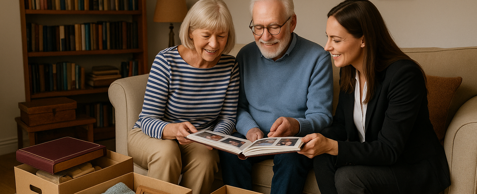 Memory preservation during downsizing Victoria - Professional organizer helping  elderly couple review family photo albums and cherished memories