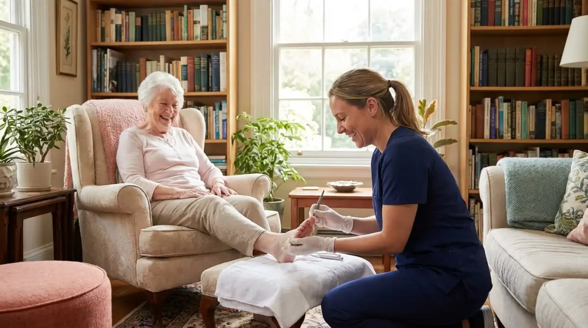 Professional female podiatrist in navy scrubs actively providing foot care to a happy elderly woman in a bright, cozy Victoria BC living room with bookshelves and natural light