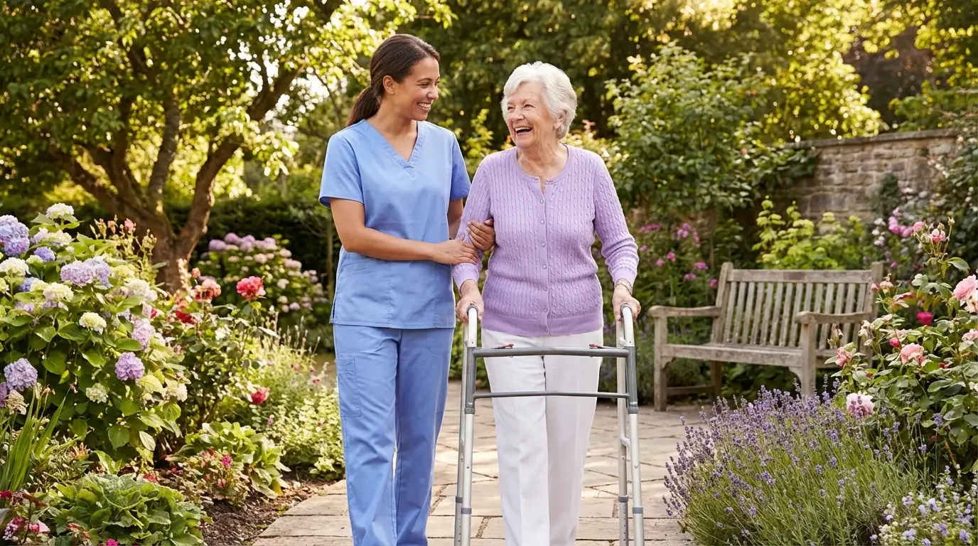 Outdoor respite care Victoria BC - professional caregiver assisting senior woman with walker in beautiful garden setting