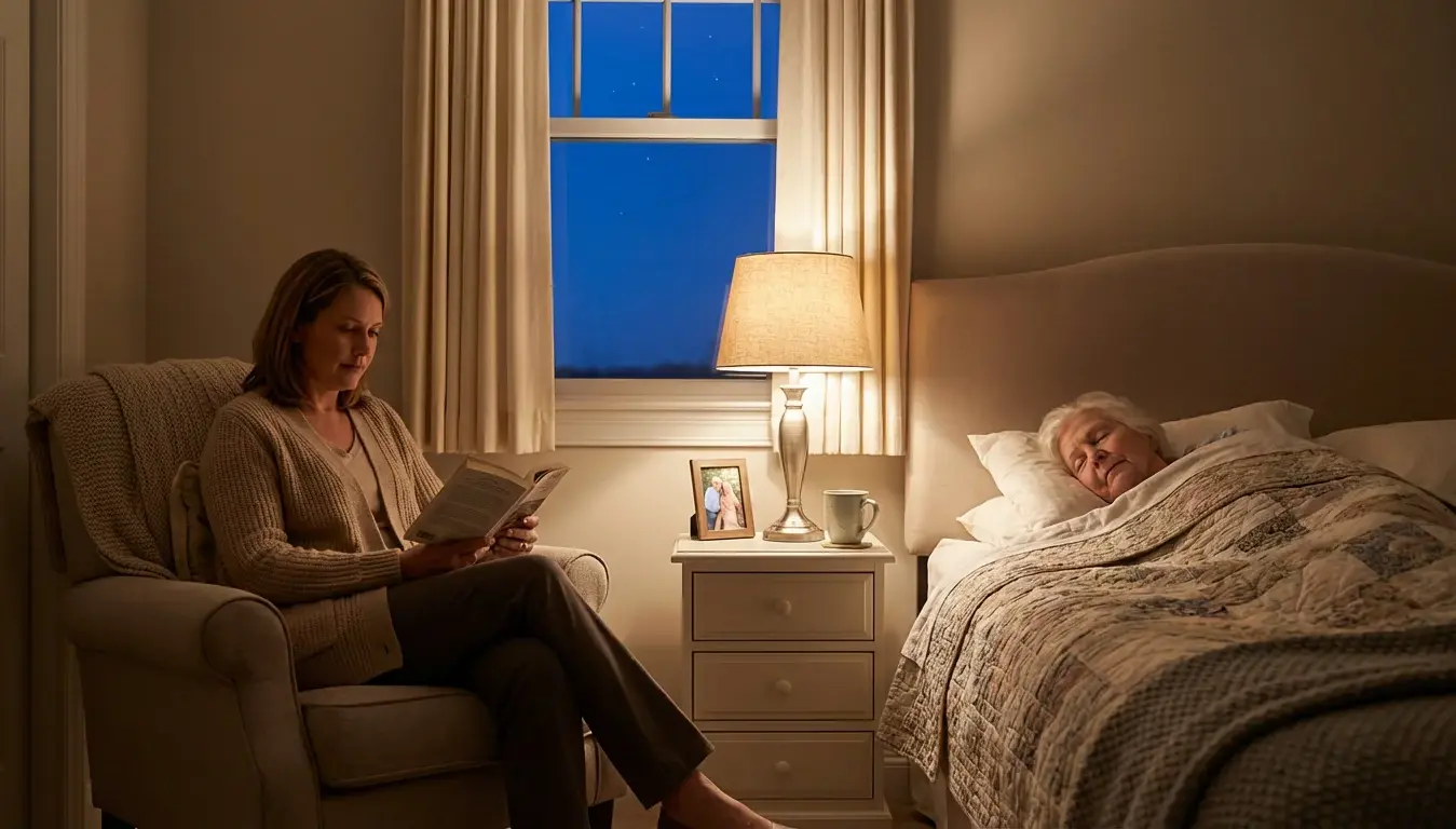 Overnight respite care Victoria BC - professional caregiver providing peaceful nighttime support and security for senior