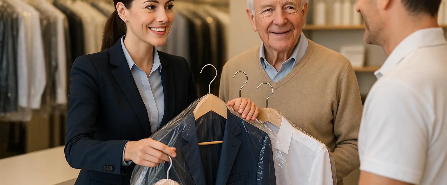 Professional personal assistant collecting dry cleaning for elderly senior man at Victoria BC dry cleaner