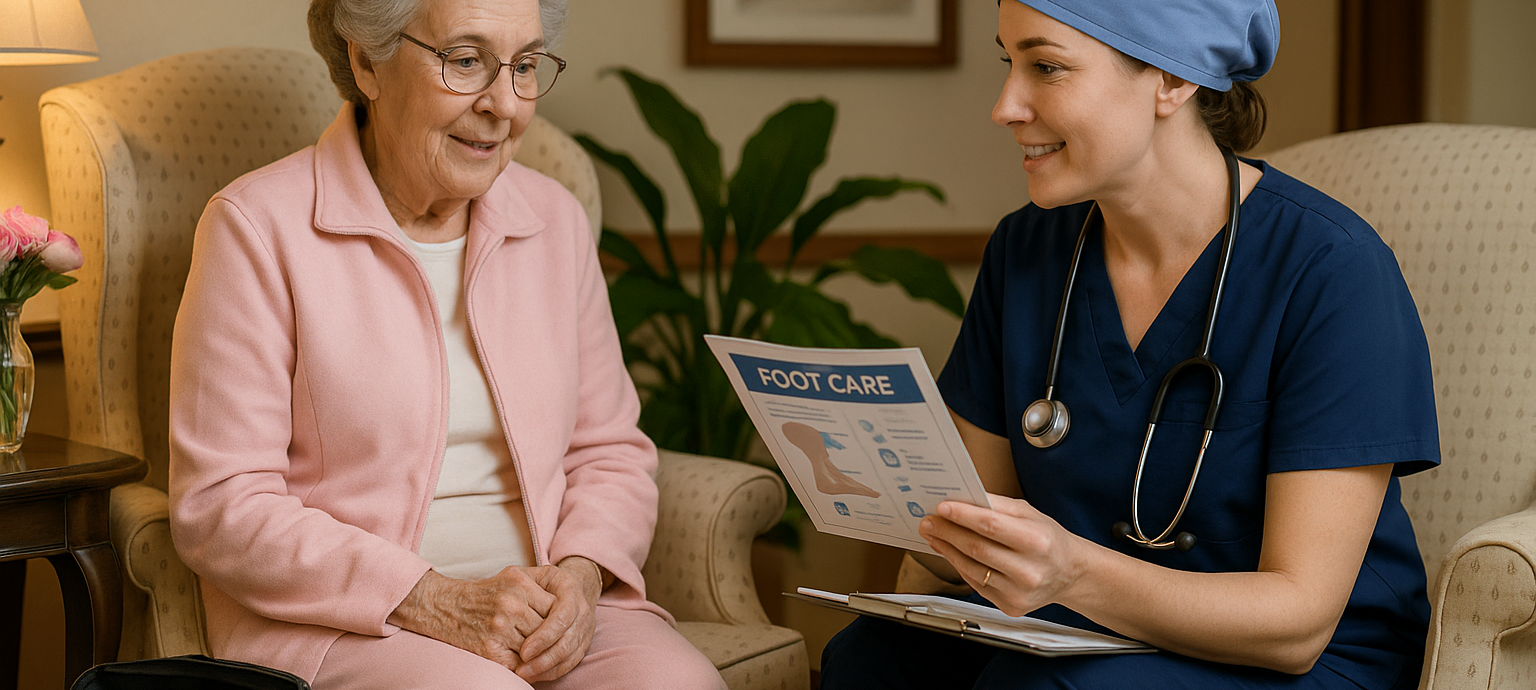 Podiatrist consulting with elderly patient about foot care treatment plan in Victoria BC home