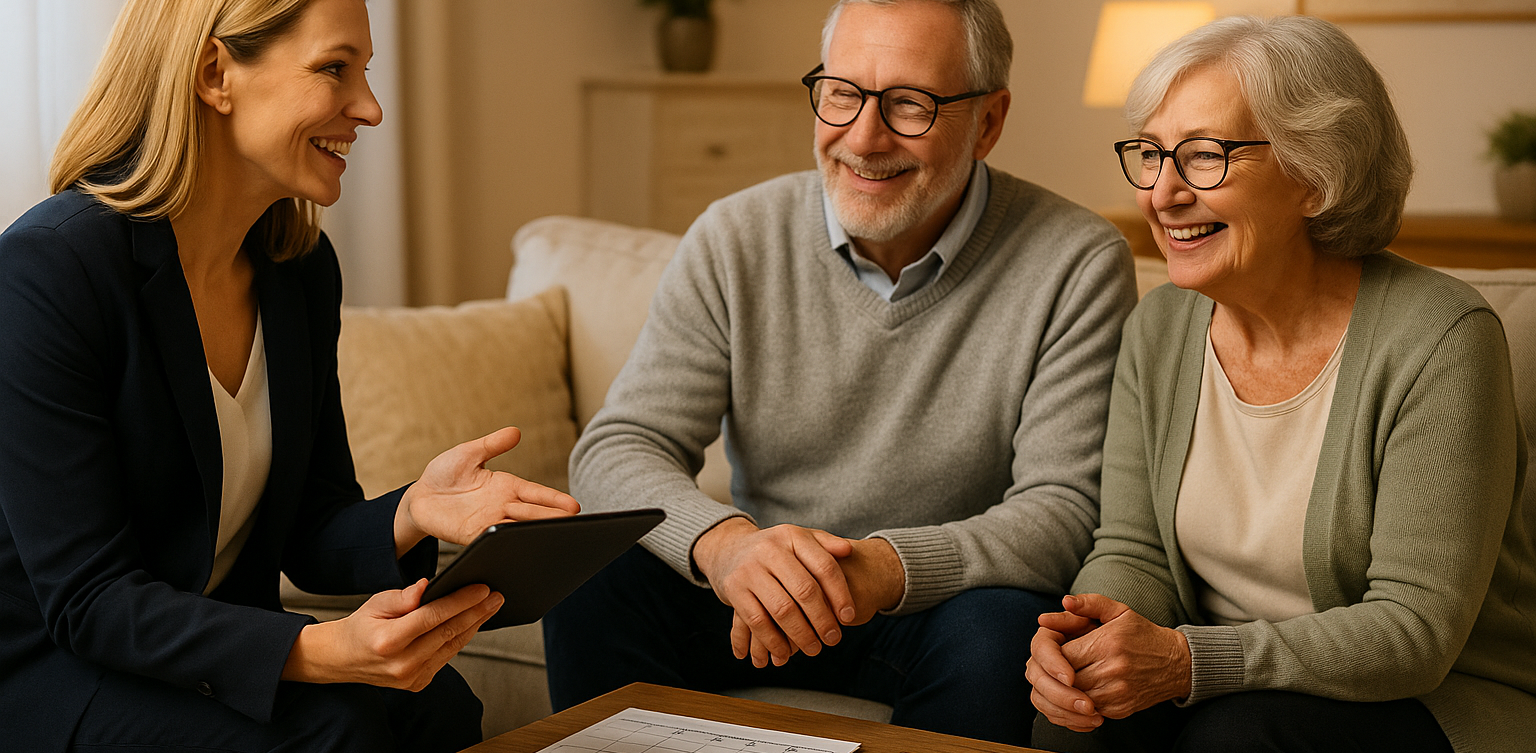 Personalized scheduling consultation with happy senior couple in comfortable home setting