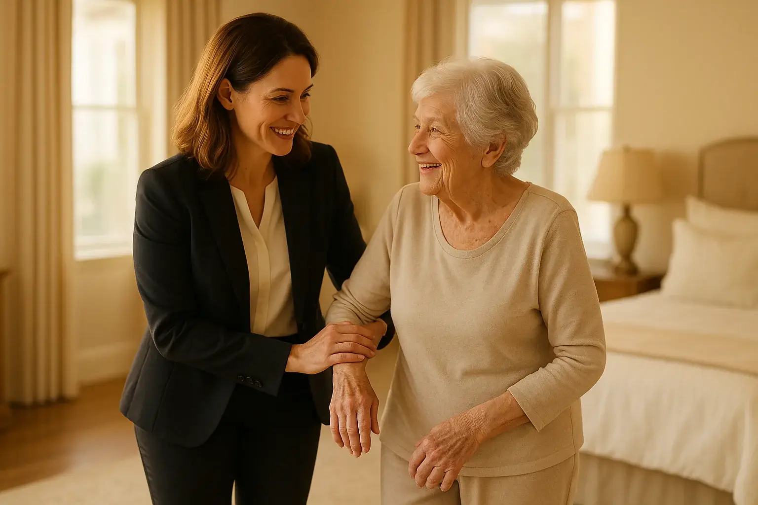 Professional post-surgery care caregiver helping senior woman recover safely at home in Victoria BC