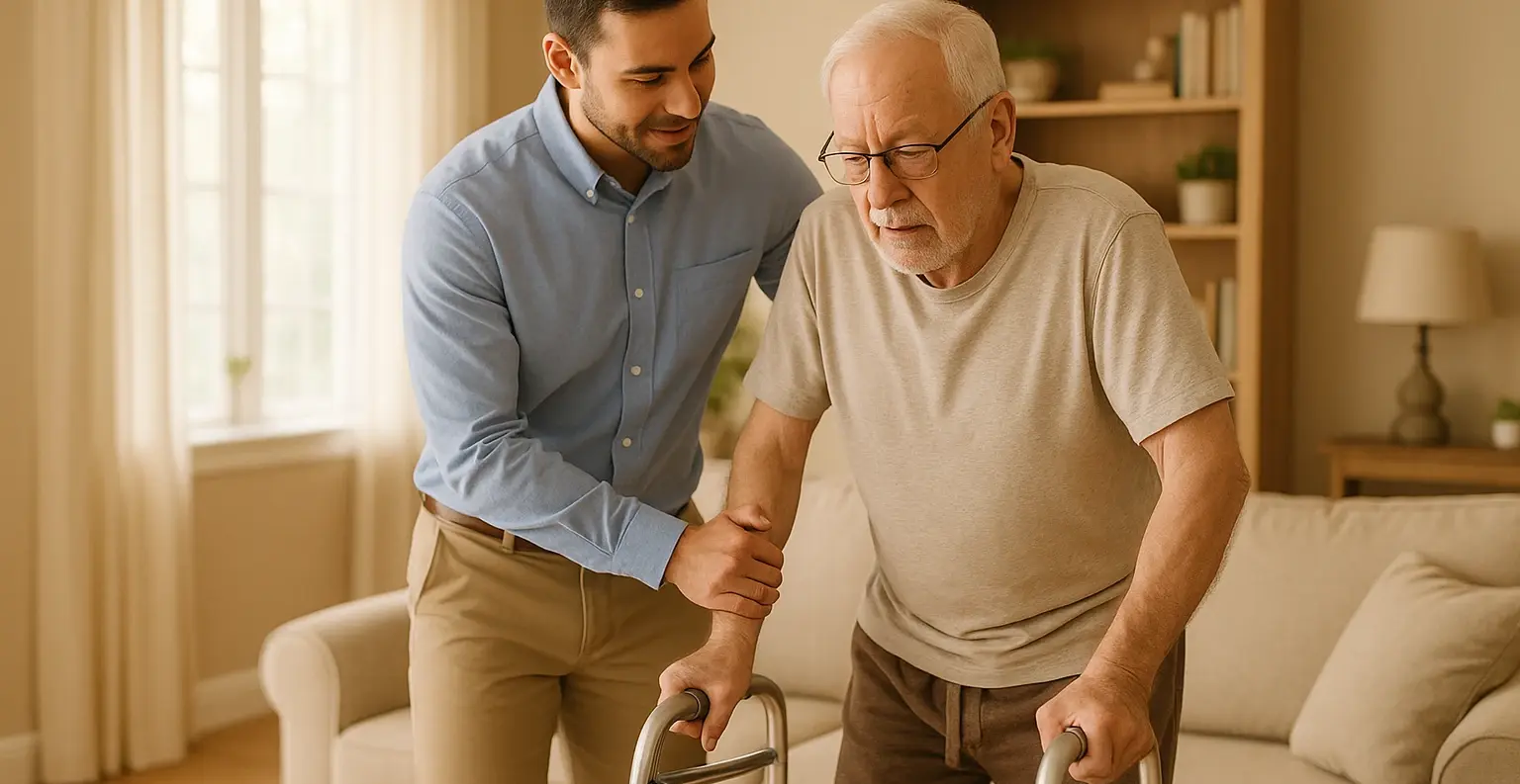 Short Term Live-In Care Victoria BC 1 Professional male caregiver assisting senior man with post-surgical mobility support and transitional care at home in Victoria BC