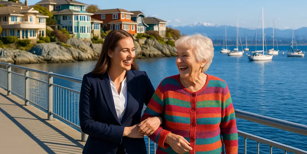 Professional caregiver and senior woman enjoying waterfront walk in Esquimalt BC with harbor views - premium senior home care services