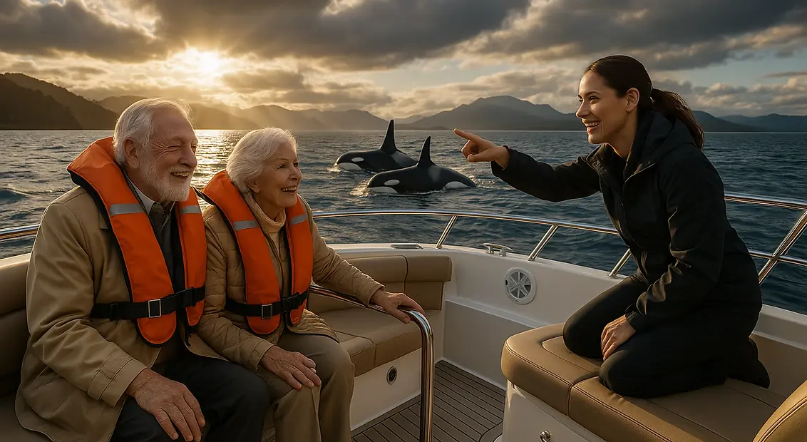 Excited seniors whale watching in Victoria BC with caring companion - bright ocean adventure with whale tails visible