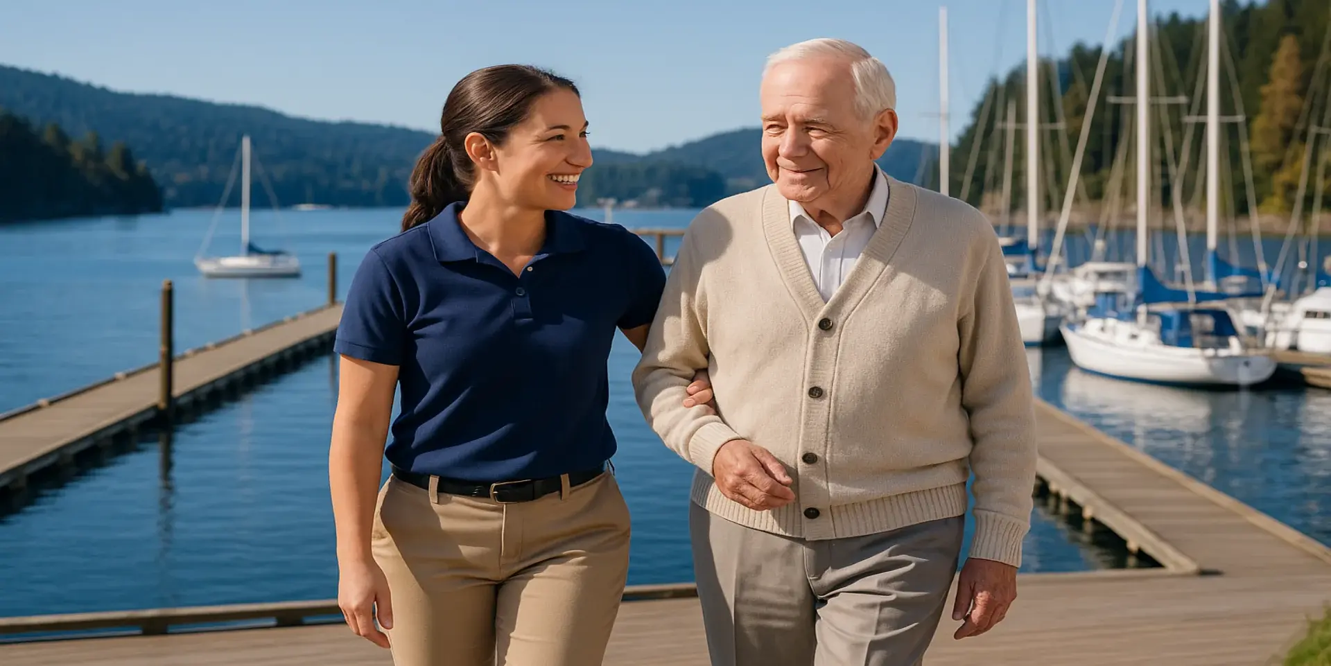Professional female caregiver in navy polo shirt walking arm-in-arm with well-dressed senior gentleman along Brentwood Bay marina waterfront with sailboats moored at wooden docks, Saanich Inlet waters, and forested hills - companionship care services Brentwood Bay BC