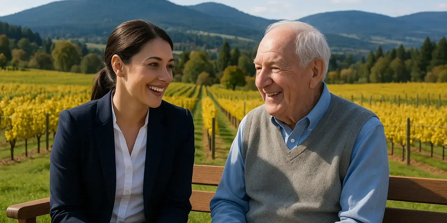 Professional female caregiver providing compassionate companionship to senior man in Cobble Hill vineyard, Cowichan Valley home care services